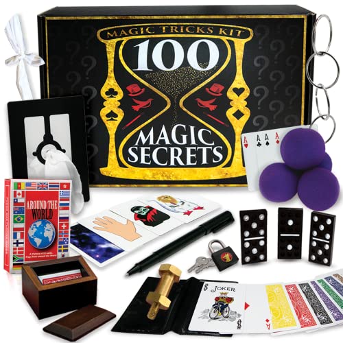 Dive into mystery with the 100 Magic Secrets Tricks Kit, featuring colorful props like cards, silks, and a magic pen for aspiring magicians.