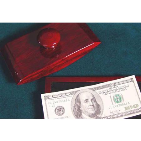 Handcrafted wooden Money Maker Illusion tray transforming a $1 bill into $100 with a roll of the blotter, ideal for collectors.