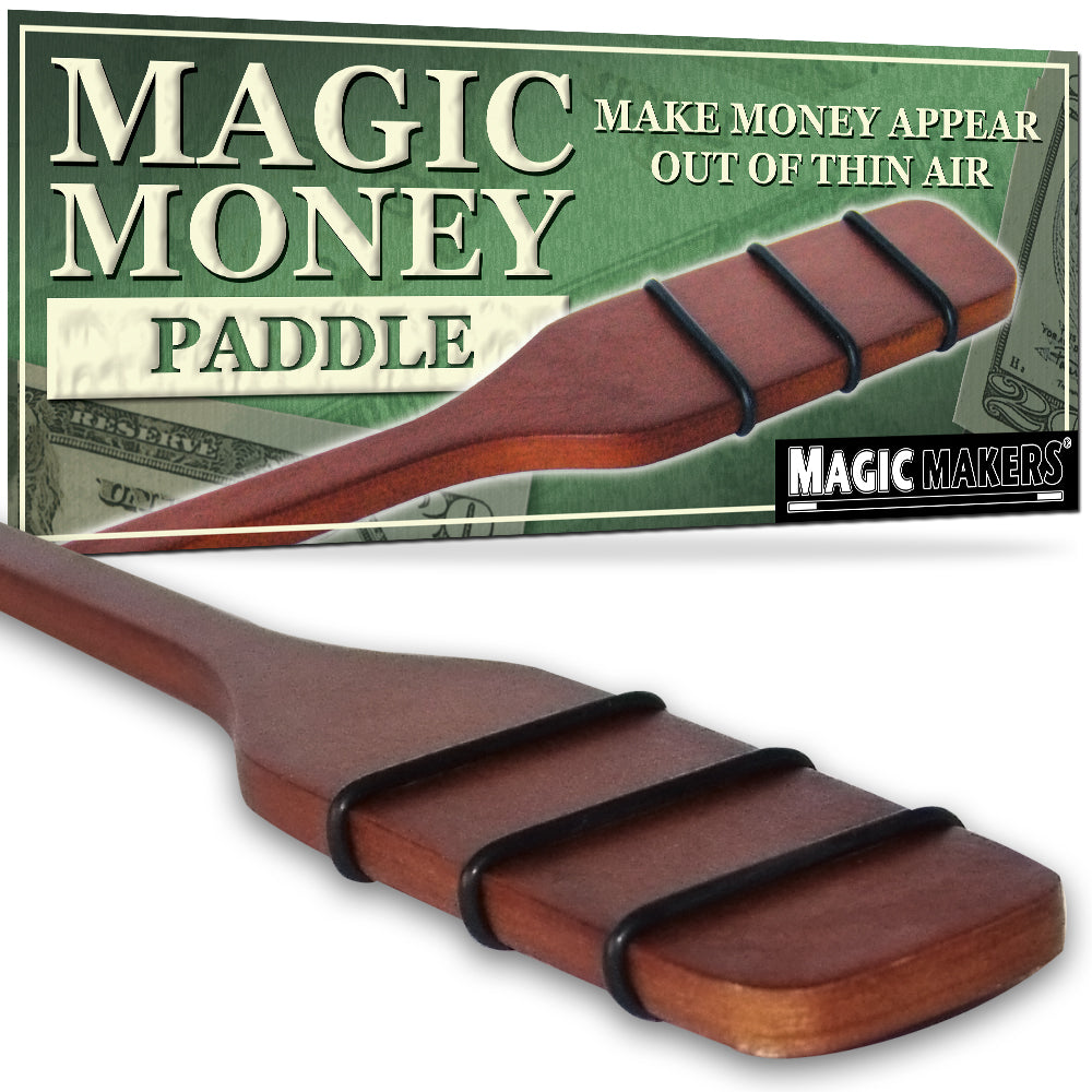 Close-up of the Magic Money Paddle, a sleek, handheld magic trick prop with rubber bands, ready to amaze any audience.