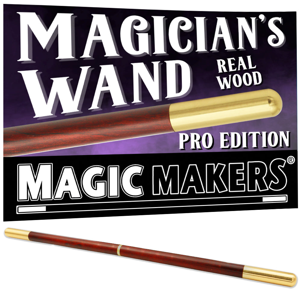 Elegant brown magician's wand with shiny metal tips, crafted from real wood with a smooth grain finish, perfect for magic tricks.