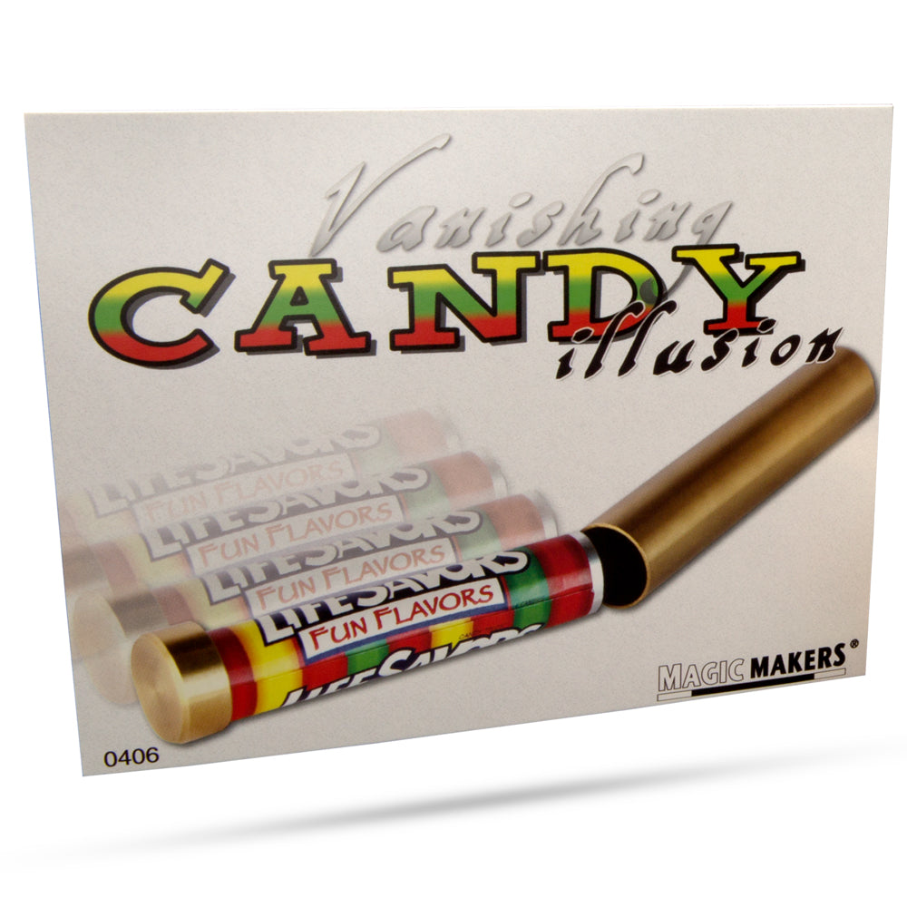 Witness the magic of the Vanishing Candy Illusion with a shiny brass tube, colorful candy, and a vibrant rainbow silk streamer.