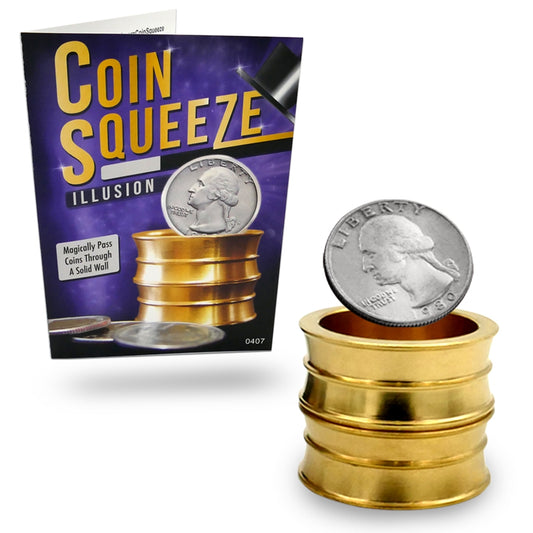 Close-up of the Coin Squeeze Illusion magic trick, featuring a sleek funnel and coins ready to defy solid barriers.