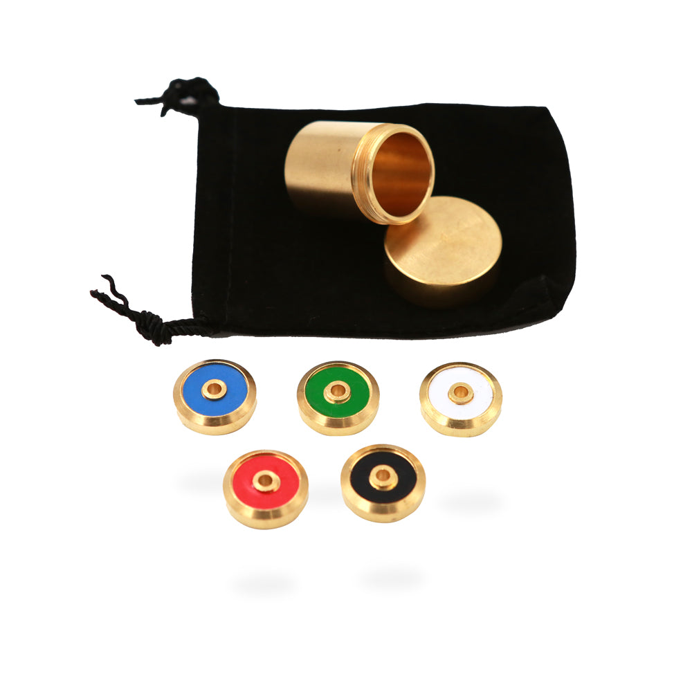 Close-up view of The Super Sight Mind Reading Illusion, showcasing a small container and colorful disks for a magical trick.