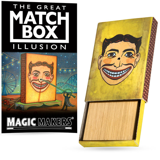 Close-up of The Matchbox Mystery, a pocket-sized magic trick with a matchbox and toothpick, showcasing a baffling solid block illusion.