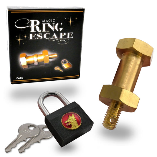 Close-up of the Magic Ring Escape trick, featuring a shiny finger ring, bolt, nut, and padlock arranged for a stunning illusion.