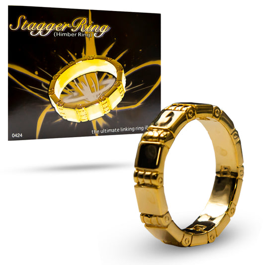 Close-up view of the Stagger Ring set, featuring three shiny metal rings, 1 inch in diameter, linked on a pencil for a magical effect.