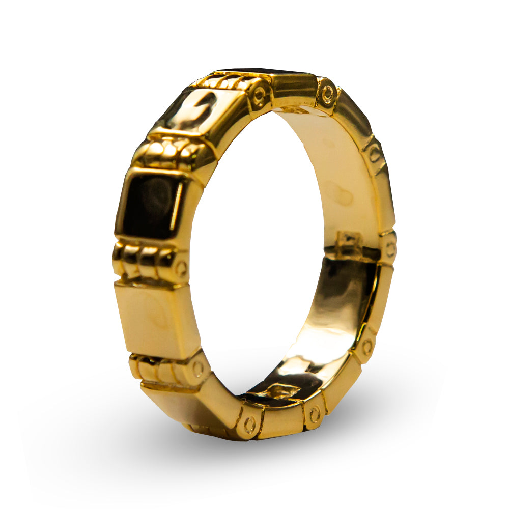 Close-up view of the Stagger Ring, a shiny 1-inch diameter magic ring set, perfect for linking and unlinking tricks.