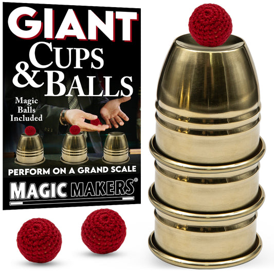 Stunning Giant Cups and Balls magic set for stage performances, featuring three durable alloy cups and four vibrant crochet knit balls.