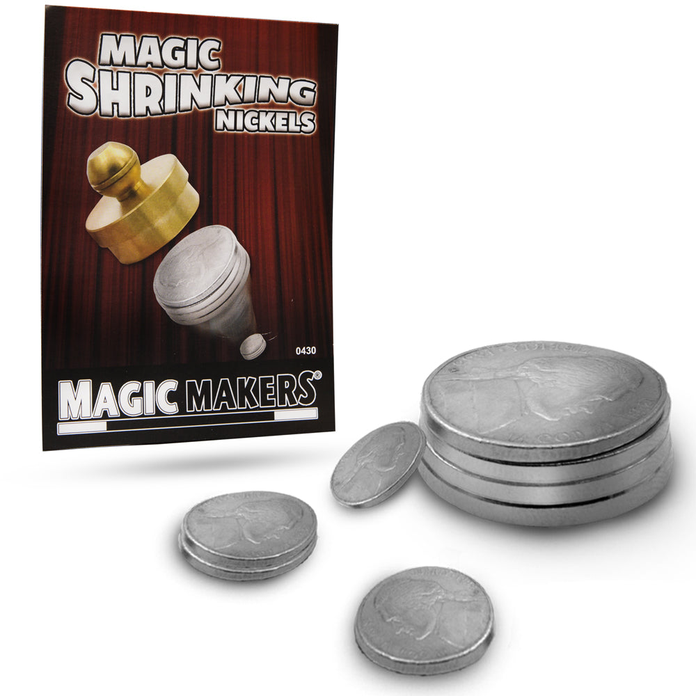 Gleaming stack of American nickels beside a premium brass cap, showcasing the mysterious Magic Shrinking Nickels trick.