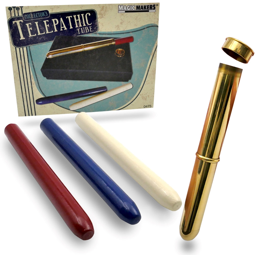 Gleaming Telepathic Tube with a polished cap and vibrant red, white, and blue rockets beside a mysterious black box.