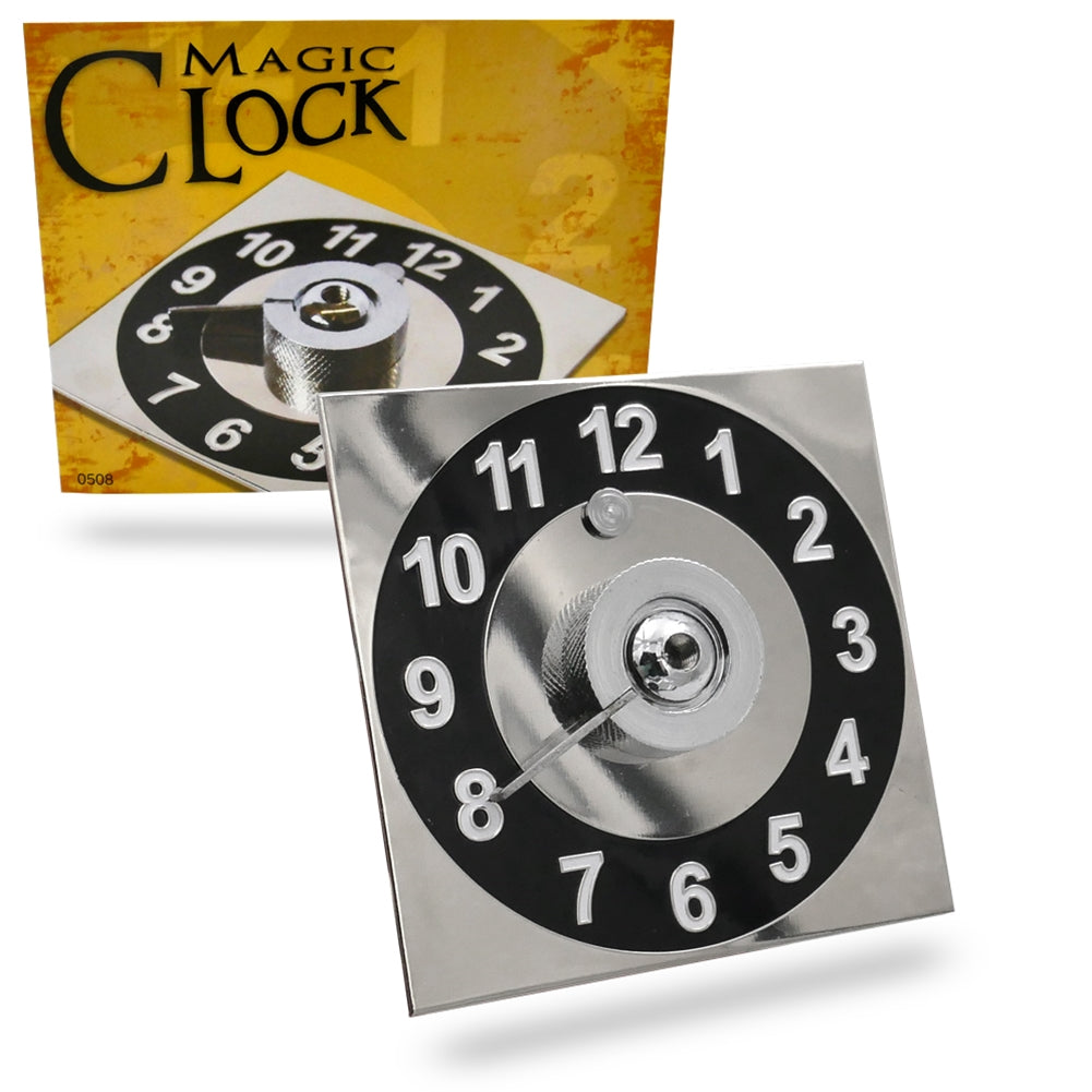 Close-up of the Magic Clock, a small 2.5x2.5-inch prop with a mysterious dial, perfect for mind-reading tricks.
