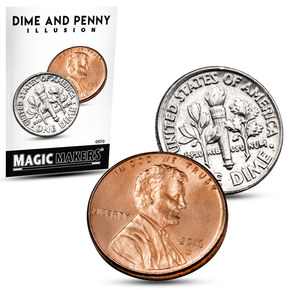 Close-up view of the Dime and Penny Magic Coin Illusion set by Magic Makers, featuring a shiny dime and penny with a precision plastic bang ring.