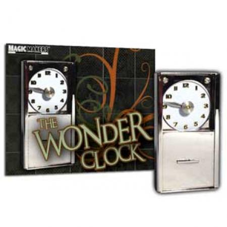 Close-up of the Wonder Clock, a handcrafted magic trick with a sliding door hiding a small clock face and adjustable dial.
