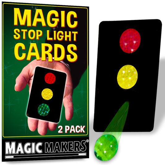 Vibrant Magic Stop Light Cards featuring colorful dots and a blank card, showcasing a fun, beginner-friendly magic trick.