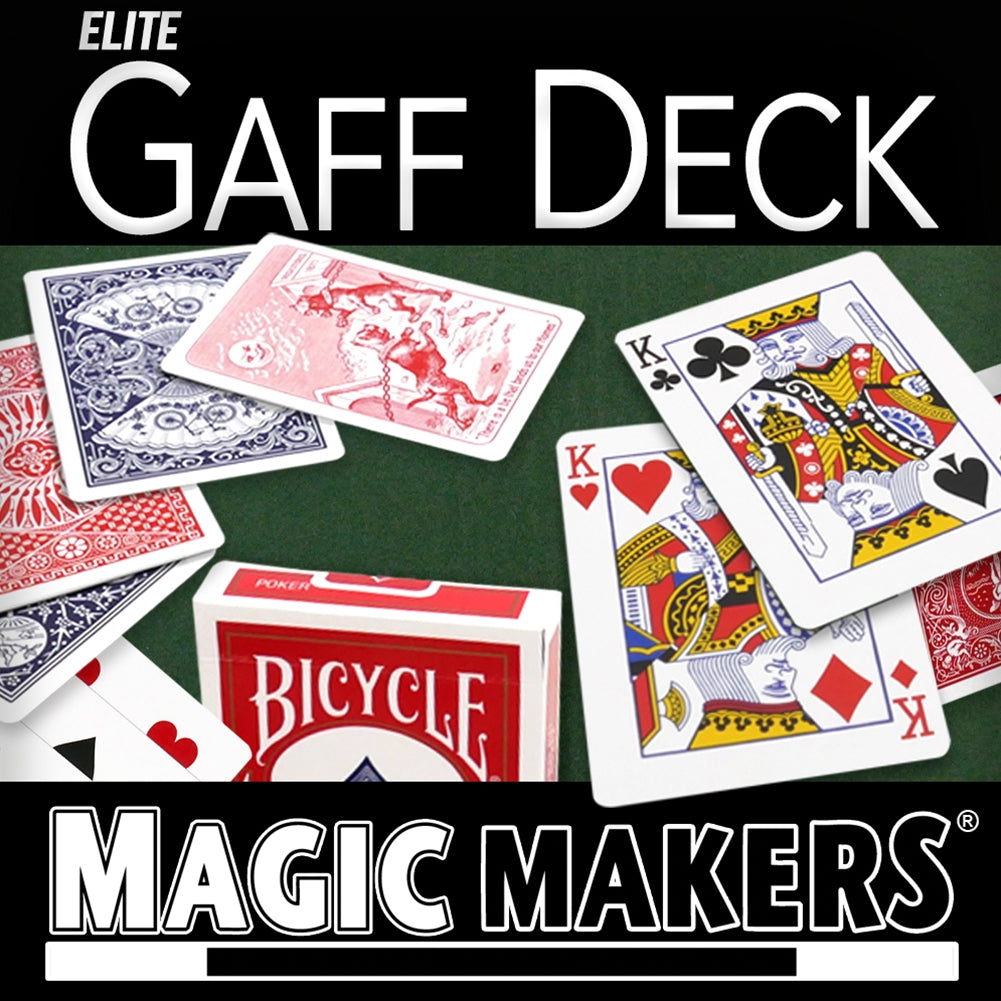 Vibrant Elite Gaff Blue Deck with a striking red tuck case, showcasing a versatile set for over 40 magic tricks.