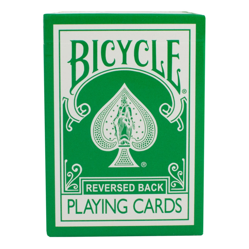 Vibrant green Bicycle Back Playing Cards with full-bleed green faces, featuring white and red pips, and unique gaff cards.