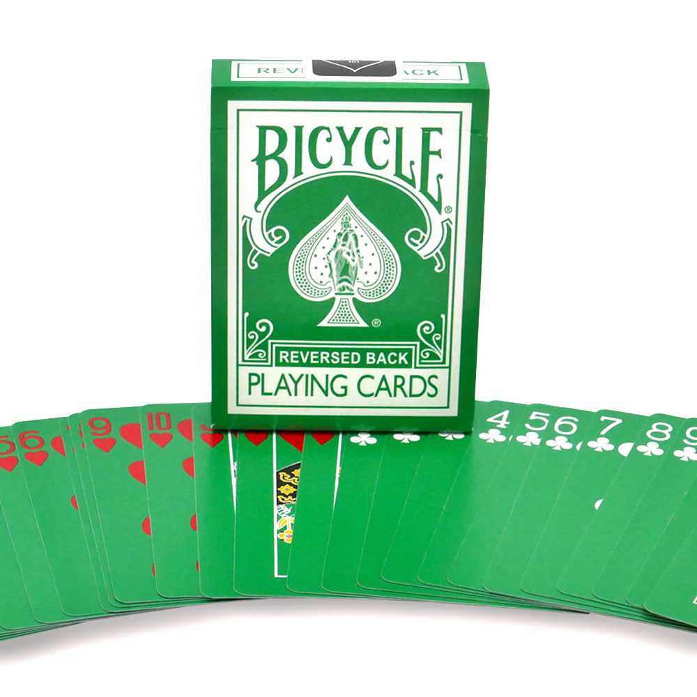Vibrant green Bicycle Back Playing Cards with full-bleed green faces, featuring white and red pips, and special gaff cards.