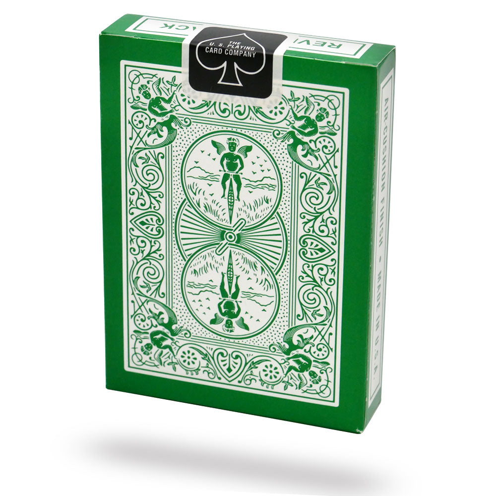 Vibrant green Bicycle Back Playing Cards with full-bleed green faces, white and red pips, and unique gaff cards included.