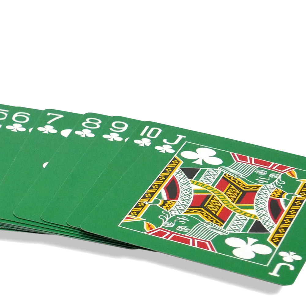 Vibrant green Bicycle Back Playing Cards with full bleed green faces, white and red pips, and unique gaff cards included.
