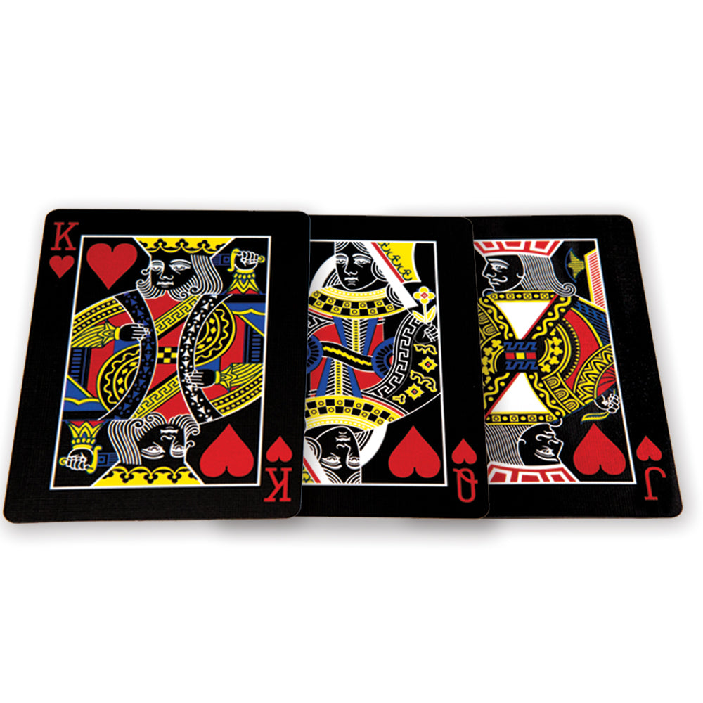 Sleek black Bicycle playing cards with striking red and white pips on full-color court cards, perfect for magic and poker.
