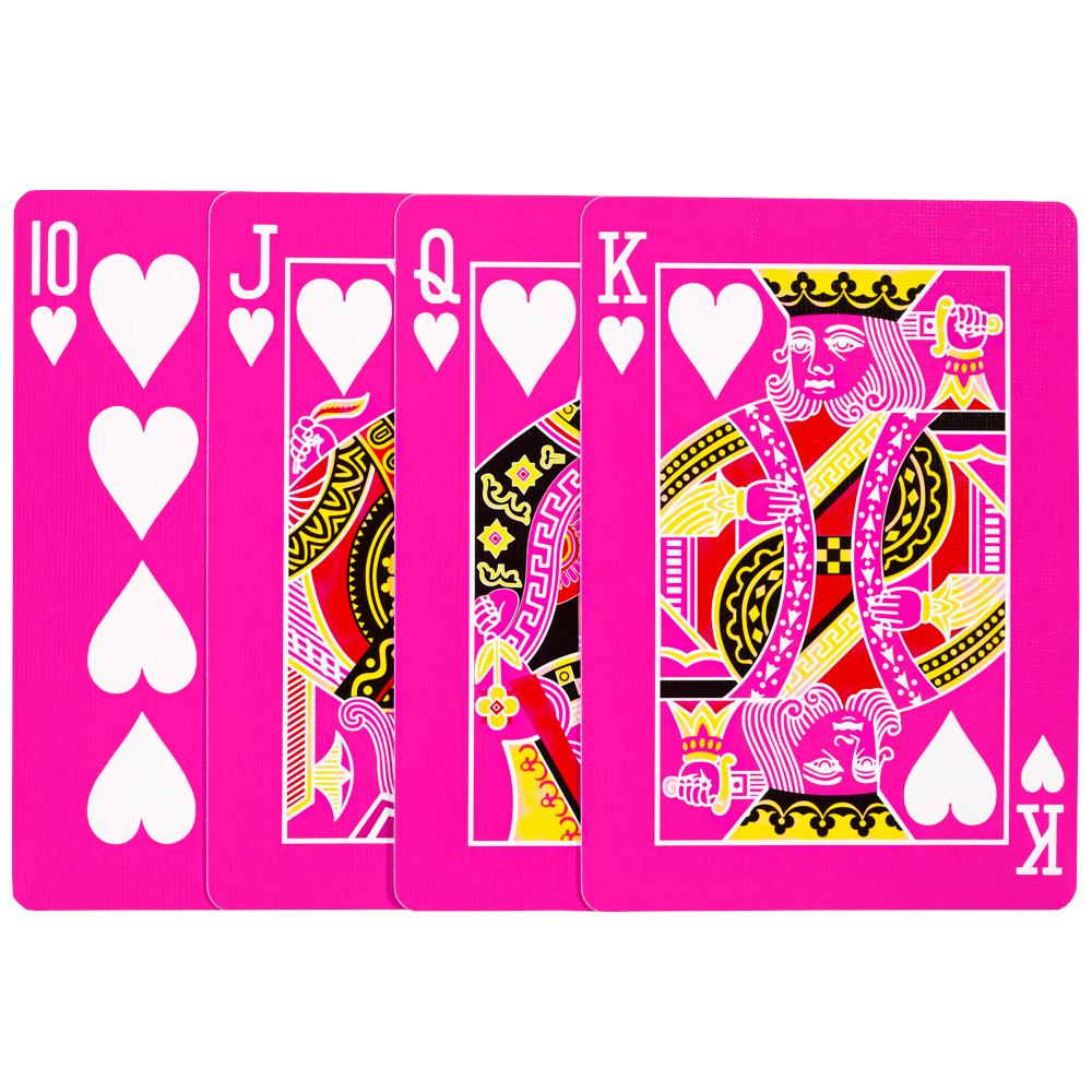 Vibrant pink Bicycle Back playing cards with bold black and white pips on full-color court cards, perfect for tricks and games.