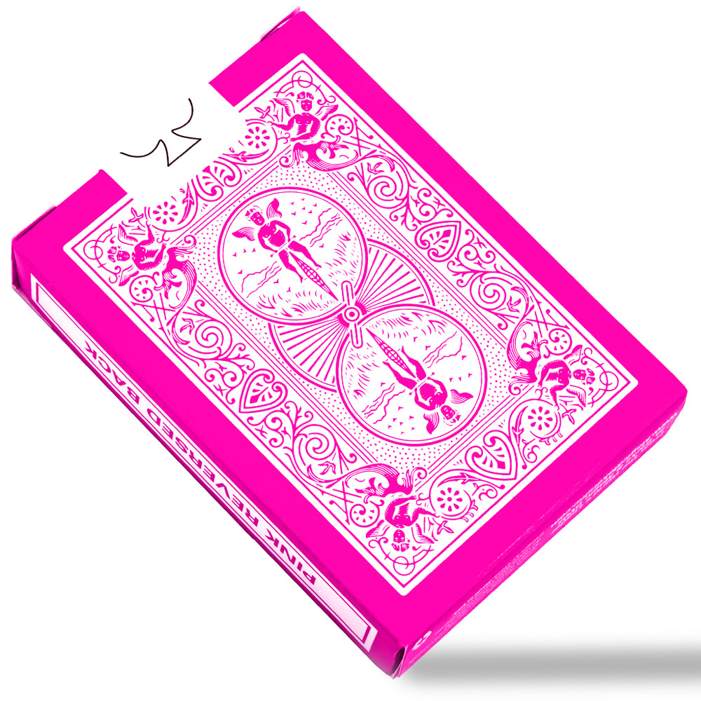 Vibrant pink Bicycle Back playing cards with bold black and white pips on full-color court cards, ideal for tricks and games.