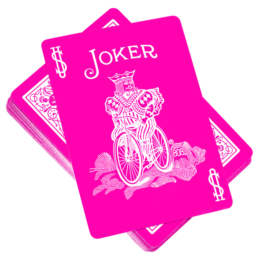Vibrant hot pink Bicycle playing cards with striking black and white pips on full-color court cards, perfect for tricks and games.