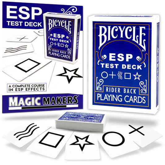 Vibrant blue-backed ESP Test Deck with Bicycle design, showcasing a full set of mind-reading cards for magic tricks.