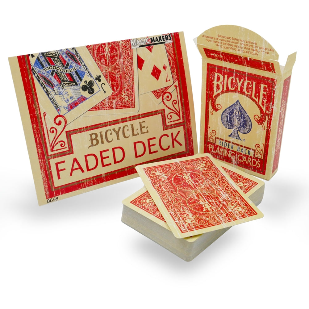 Classic Vintage Red Bicycle Rider Back Playing Cards with a faded, nostalgic design on the tuck case and card backs.
