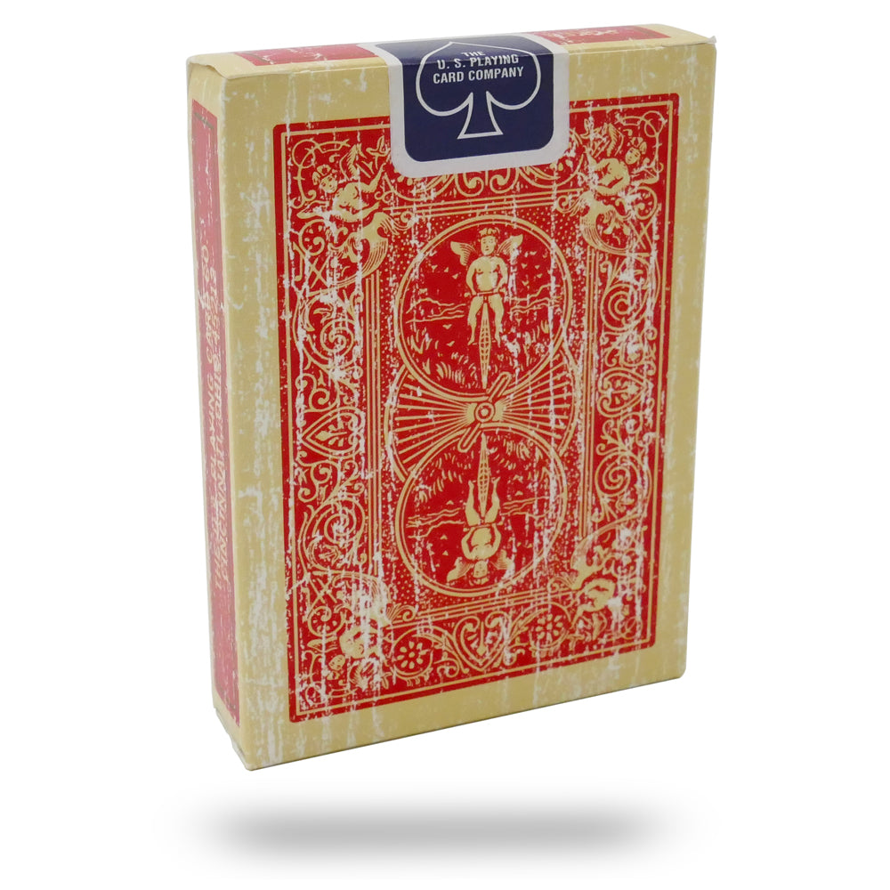 Classic Vintage Red Bicycle Rider Back Playing Cards with a faded, nostalgic design on the tuck case and card backs.