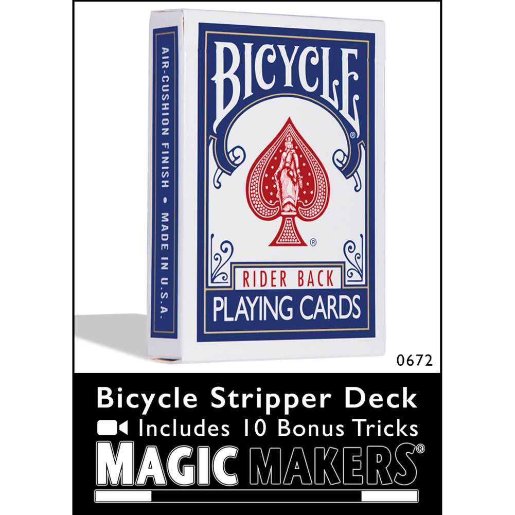 Vibrant blue Bicycle Stripper Deck by Magic Makers, showcasing classic Rider Back design for magical card tricks.