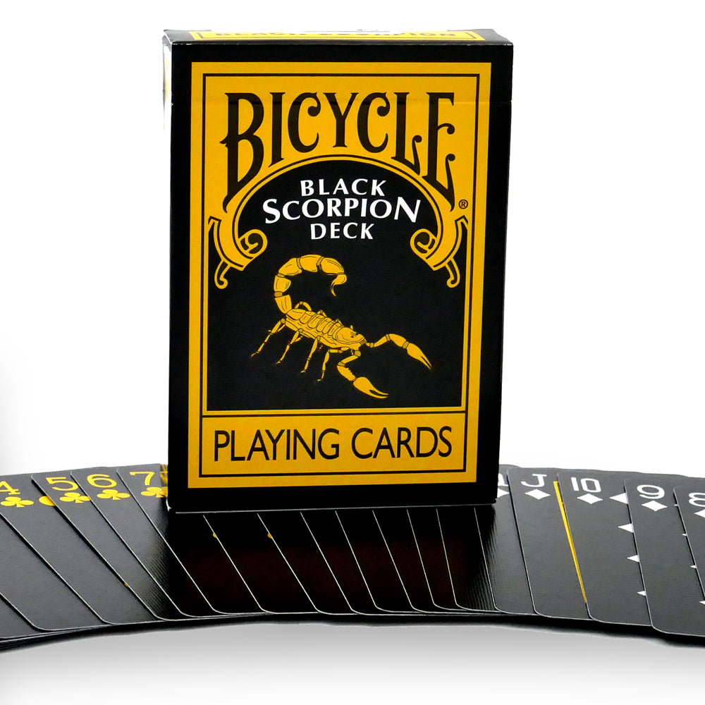Stunning Magic Black Scorpion Bicycle Deck with bold black and yellow design, featuring vibrant pips and unique gaff cards.