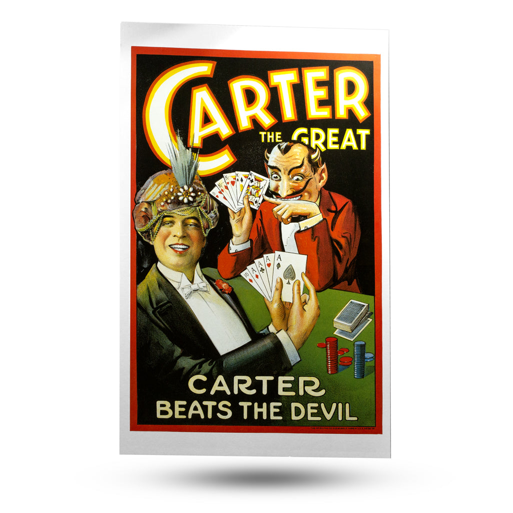 Vintage-style Carter Beats The Devil poster featuring a dramatic depiction of magician Carter the Great in action, sized 22x14 inches.