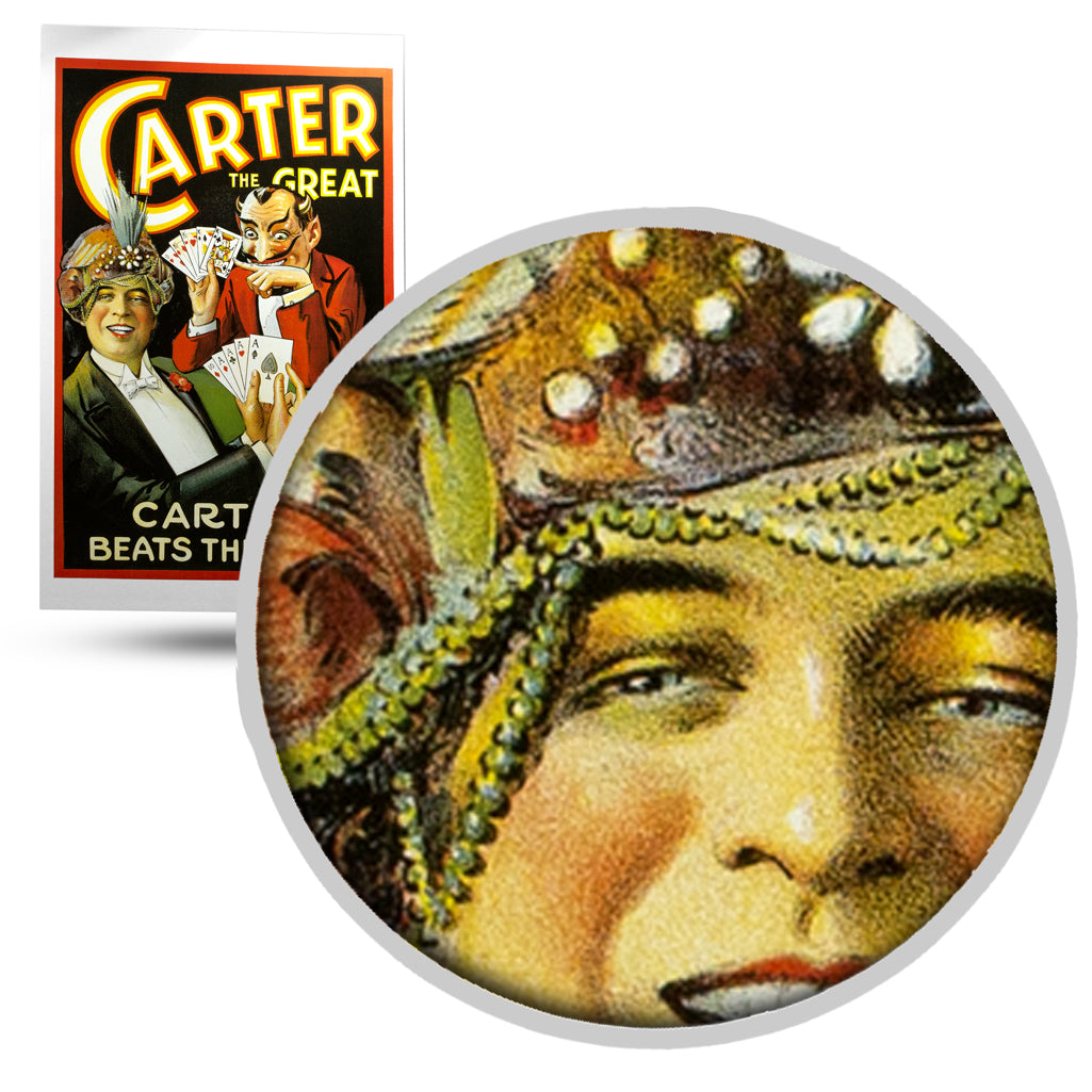 Vintage-style Carter Beats The Devil poster featuring a dramatic illustration of magician Carter the Great in action.