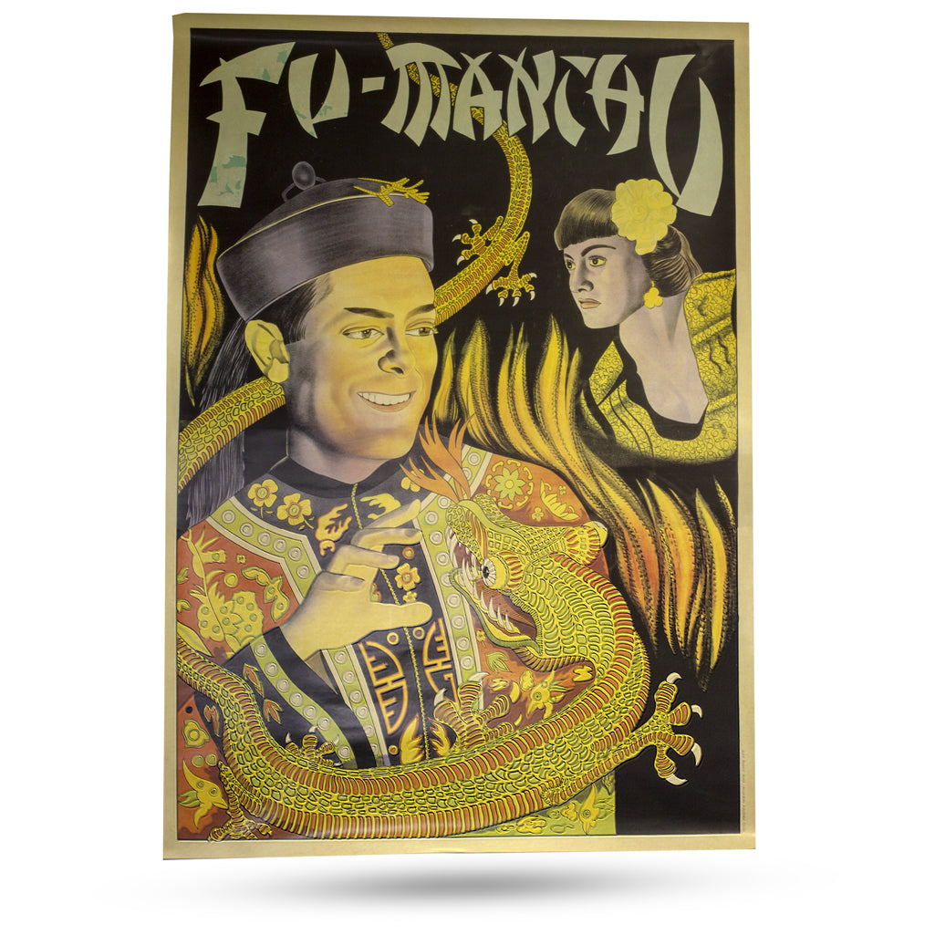 Vintage-style Fu Manchu poster featuring the iconic supervillain in a dramatic pose, sized 29 x 20 inches, perfect for collectors.
