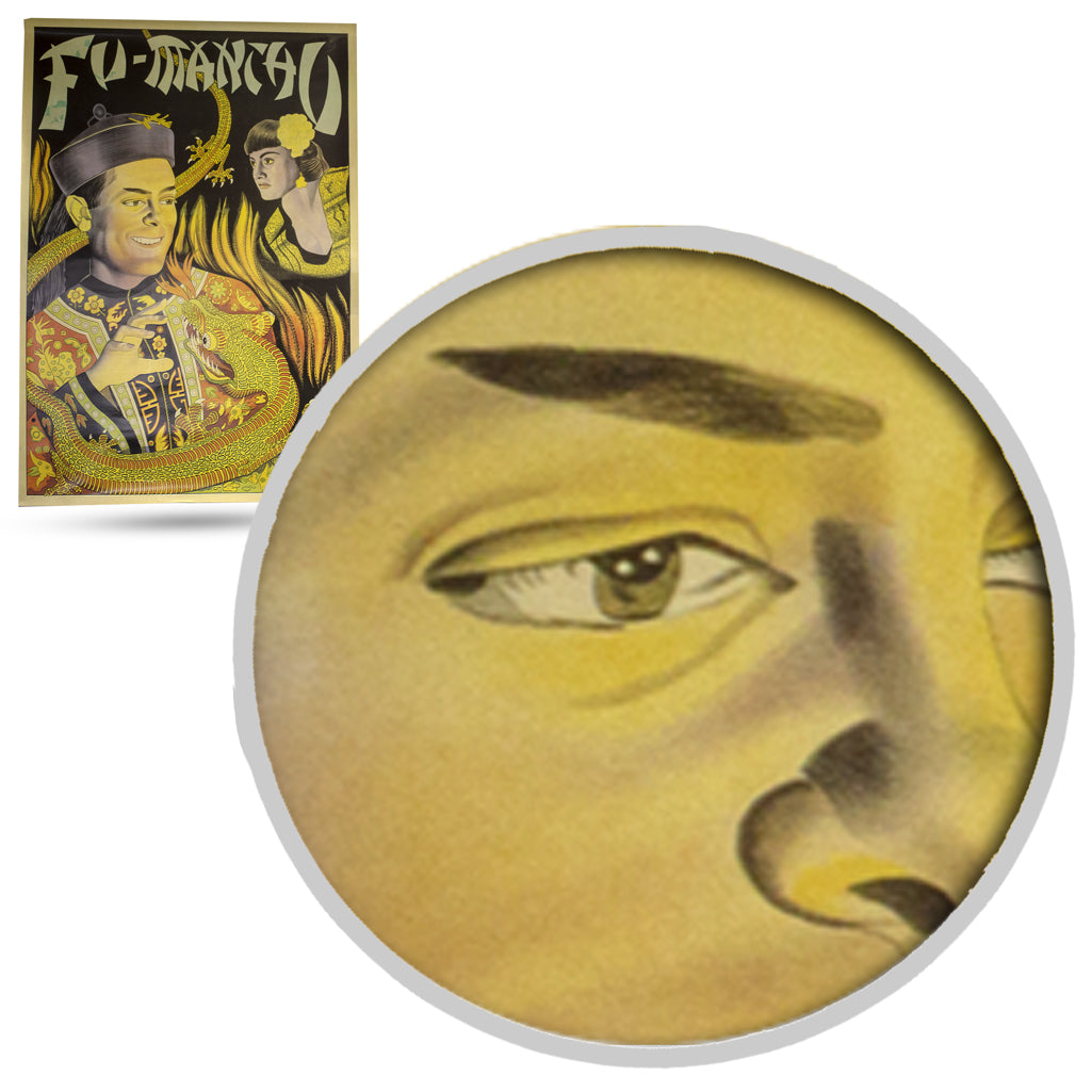 Vintage-style Fu Manchu poster featuring the iconic supervillain in a mysterious pose, sized at 29 x 20 inches.