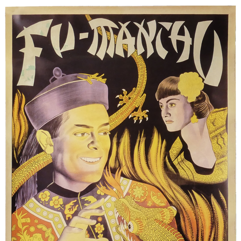 Vintage-style Fu Manchu poster featuring the iconic supervillain in a menacing pose, sized at 29 x 20 inches.