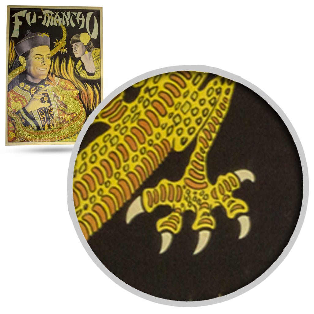 Vintage-style Fu Manchu poster featuring the iconic supervillain in a dramatic pose, sized at 29 x 20 inches.