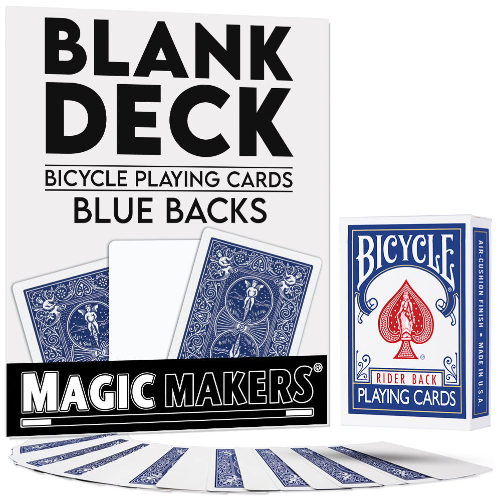 Vibrant blue-backed Blank Face Bicycle Deck with 52 cards, showcasing a unique, all-blank face design for magic tricks.