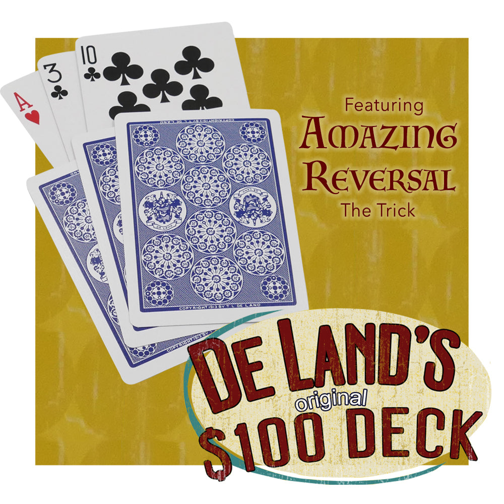 Vintage-style Deland's Marked $100 Deck with intricate card designs, showcasing a classic red and white Bicycle back pattern.