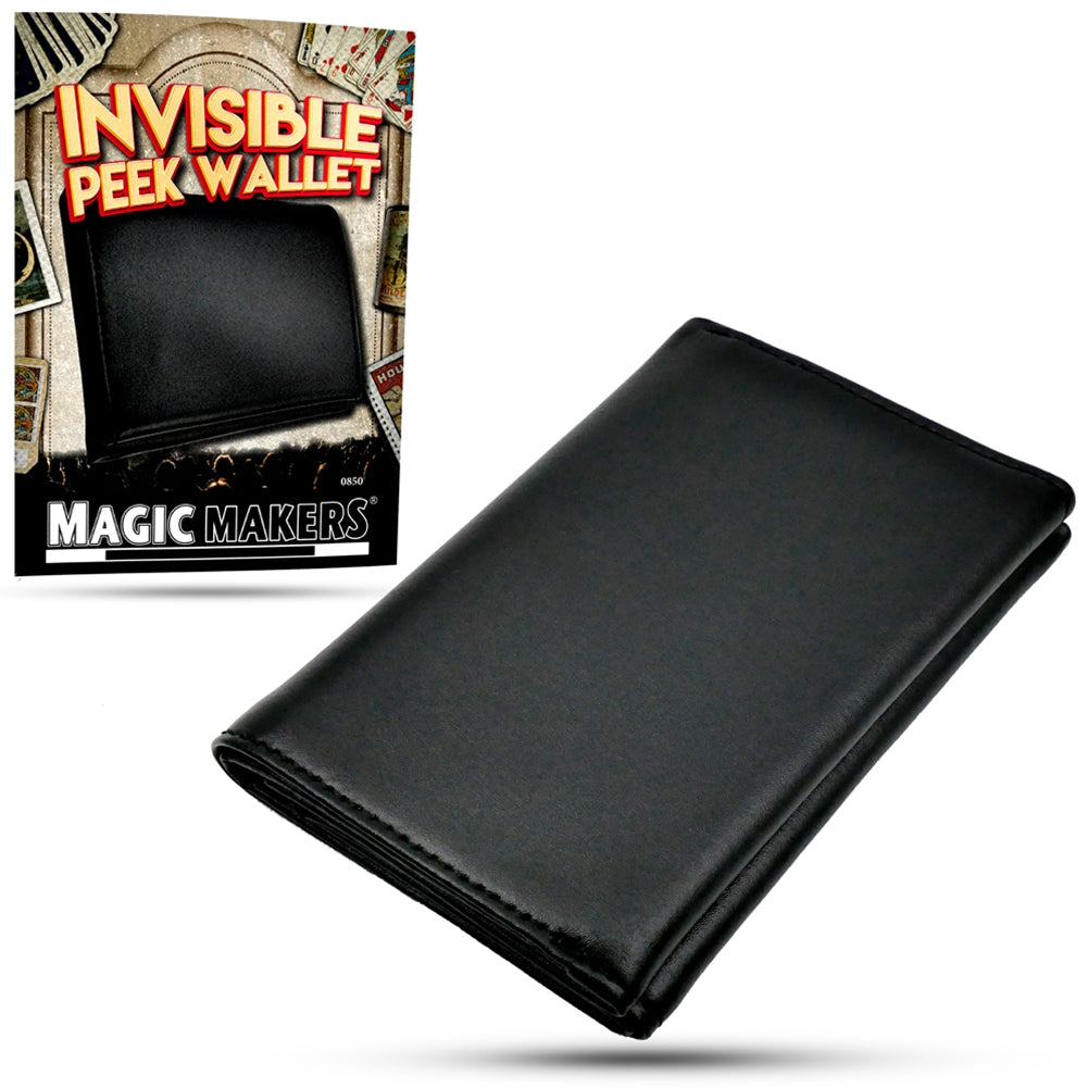 Close-up of the Invisible Peek Wallet, a sleek, compact 4x2.75-inch black leather wallet designed for mind-reading tricks.