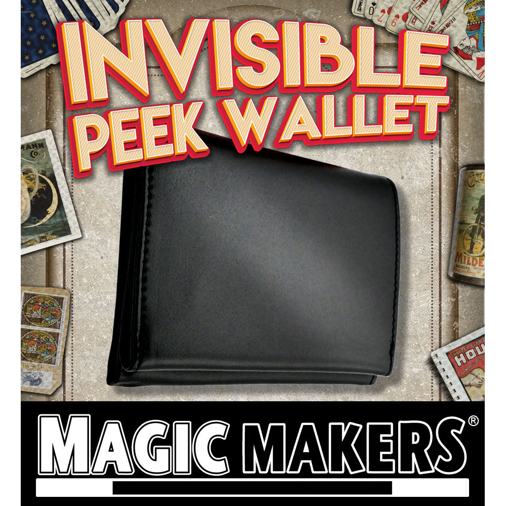 Close-up of the sleek Invisible Peek Wallet, a compact 4x2.75-inch black leather accessory for mind-boggling magic tricks.