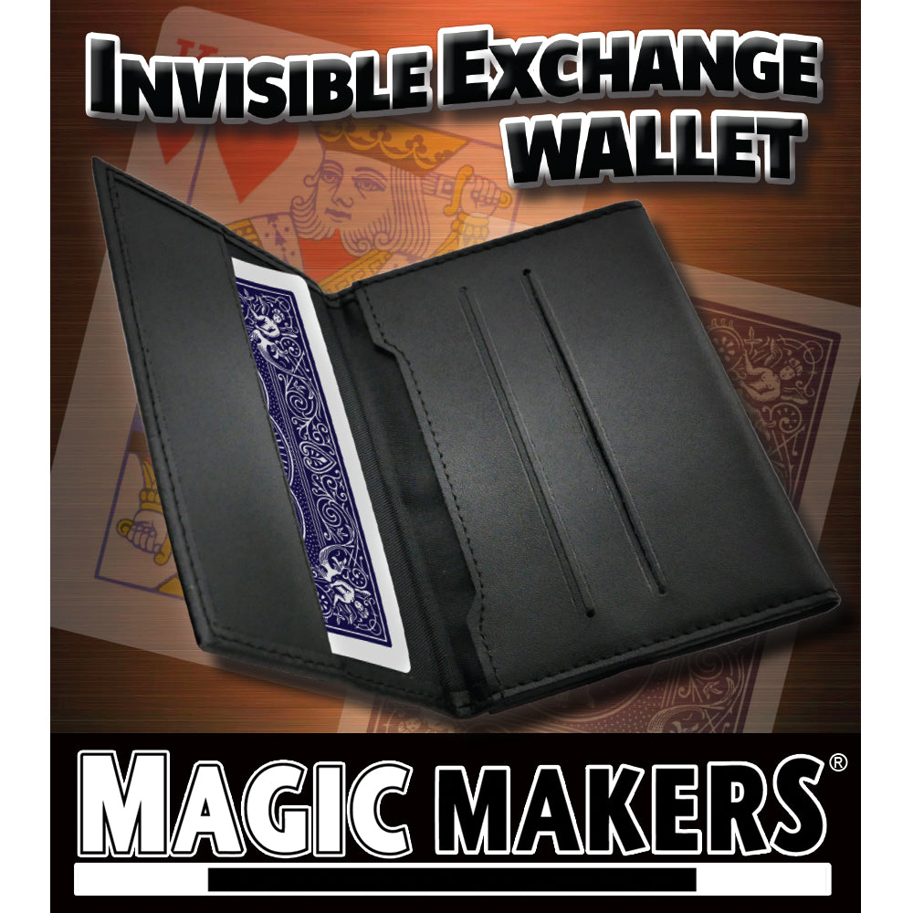 Sleek Invisible Exchange Wallet in black leather, compact at 5x3.5 inches, perfect for seamless card-switching magic tricks.