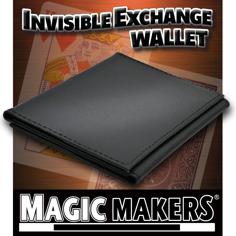 Close-up view of the Invisible Exchange Wallet, a sleek, pocket-sized magic accessory measuring 5x3.5 inches, perfect for card tricks.