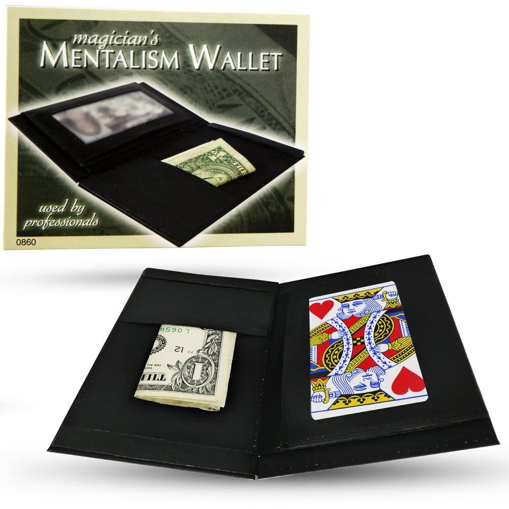 Sleek black Magicians Mentalism Wallet, perfect for mind-reading tricks, shown closed with a subtle, mysterious design.