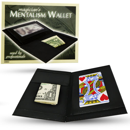 Sleek black Magicians Mentalism Wallet, perfect for mind-reading tricks, shown closed with a subtle, mysterious design.