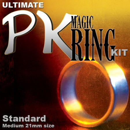 Silver PK Magic Ring Kit in medium size, showcasing a sleek 21mm ring with props for mind-bending magic tricks.