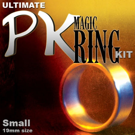 Stunning silver Ultimate PK Magic Ring Kit in small size (19mm), complete with props and a PK Magic Pen for mesmerizing tricks.