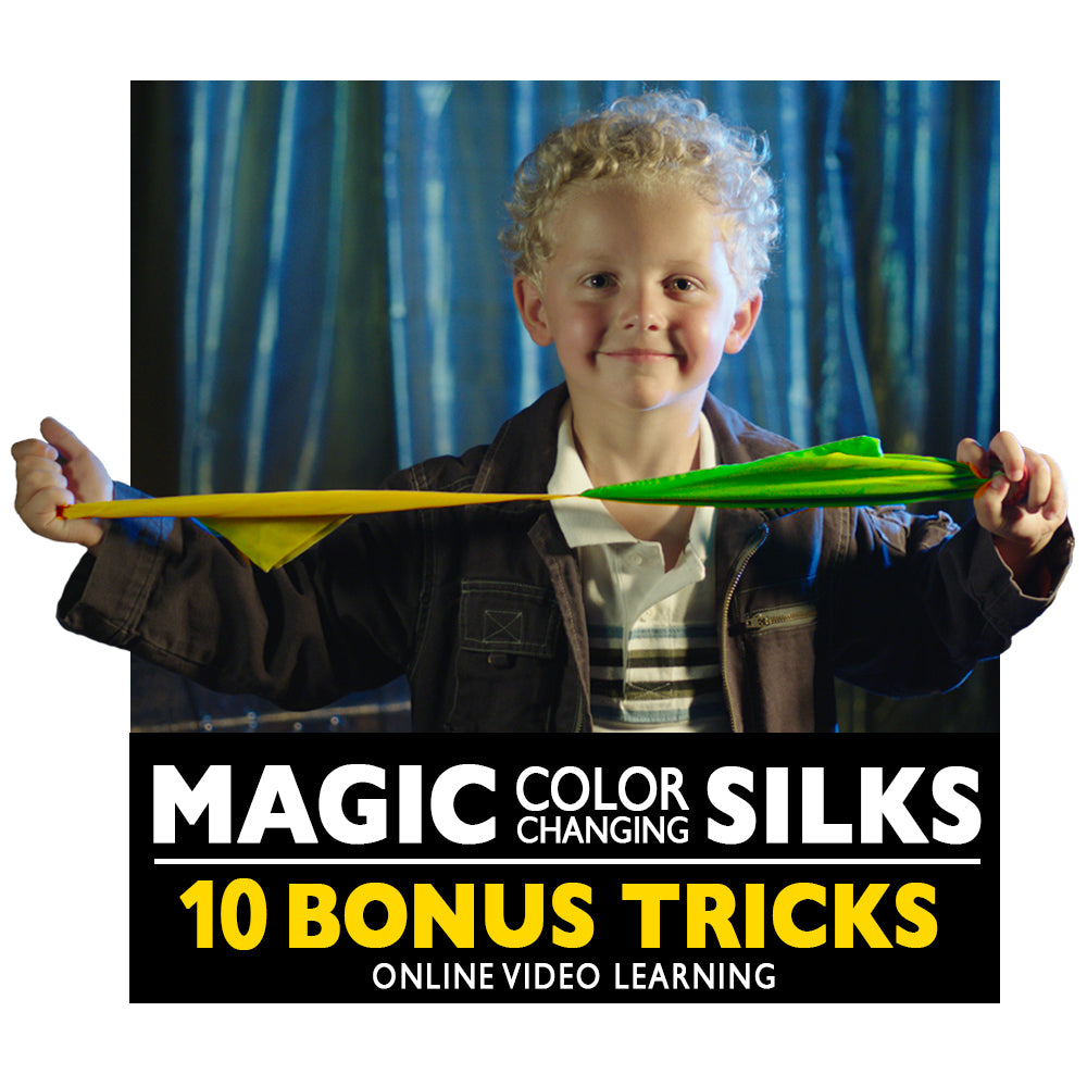 Vibrant green and yellow silks magically turn blue and red with a wave, showcasing the enchanting Magic Color Changing Silks trick.
