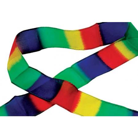 Vibrant rainbow silk streamer flowing elegantly, perfect for silk magic performances, measuring 34 inches in length.